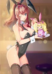 Rule 34 | &gt; &lt;, 2girls, absurdres, abyssal ship, alternate costume, animal costume, animal ears, baozha gangbi, bare shoulders, between breasts, black legwear, black leotard, blonde hair, blue eyes, breasts, brown hair, rabbit ears, rabbit tail, cleavage, detached collar, earrings, enemy lifebuoy (kancolle), fake animal ears, gambier bay (kancolle), hair between eyes, hairband, heart, highleg, highleg leotard, highres, jewelry, kantai collection, large breasts, leotard, long hair, multiple girls, nail polish, necktie, necktie between breasts, one eye closed, playboy bunny, ponytail, saratoga (kancolle), side ponytail, sidelocks, size difference, strapless, strapless leotard, tail, thighhighs, tray, twintails, wink, wrist cuffs