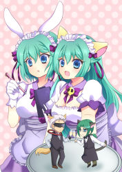 Rule 34 | 10s, 2boys, 2girls, animal ears, apron, bad id, bad pixiv id, black trader, blue eyes, bow, rabbit ears, cat ears, character request, chibi, cup, detached collar, dress, drinking glass, glasses, gloves, green hair, hairband, kaitou tenshi twin angel, long hair, multiple boys, multiple girls, nine violet, pants, pink background, polka dot, polka dot background, ribbon, short hair, siblings, sisters, smile, tesla violet, tray, twin angel, u-no, waiter, waitress, white hair, wine glass