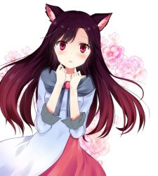 Rule 34 | 1girl, animal ears, blush, brooch, brown hair, dress, floral background, flower, highres, imaizumi kagerou, jewelry, long sleeves, open mouth, red eyes, solo, touhou, walnut (mottimoti), wide sleeves, wolf ears