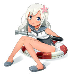 Rule 34 | 10s, 1girl, :p, bare shoulders, blue eyes, blush, crop top, flower, hair flower, hair ornament, kantai collection, kemu (guruguru dan), lifebuoy, long hair, looking at viewer, neckerchief, ro-500 (kancolle), sailor collar, school uniform, simple background, sitting, slippers, solo, swim ring, swimsuit, swimsuit under clothes, tan, tanline, tongue, tongue out, torpedo, white background, white hair