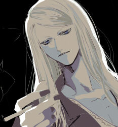Rule 34 | 1boy, black background, black jacket, black nails, blonde hair, blue eyes, cigarette, collarbone, fate/grand order, fate (series), holding, holding cigarette, jacket, jewelry, long hair, looking at viewer, male focus, necklace, no eyewear, open clothes, open jacket, riku gotaro, simple background, solo, tezcatlipoca (fate), upper body