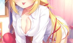 Rule 34 | 1girl, :p, akai haato, all fours, blonde hair, blush, breasts, chiyonekoko, cleavage, curtains, dress shirt, hair ribbon, highres, hololive, large breasts, long sleeves, no pants, open clothes, open shirt, out of frame, ribbon, shirt, solo, tongue, tongue out, virtual youtuber, window
