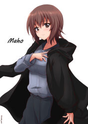 Rule 34 | 1girl, absurdres, black skirt, brown eyes, brown hair, character name, closed mouth, coat, coat on shoulders, commentary, dress shirt, girls und panzer, grey shirt, half-closed eyes, hand on own chest, highres, hood, hood down, hooded coat, inaka pan, kuromorimine school uniform, light blush, long sleeves, looking at viewer, miniskirt, nishizumi maho, open clothes, open coat, pleated skirt, school uniform, shirt, short hair, simple background, skirt, smile, solo, standing, twitter username, white background, wing collar
