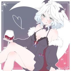 Rule 34 | 1girl, :q, absurdres, ambiguous red liquid, black background, black jacket, black nightgown, blue hair, breasts, closed mouth, collarbone, crescent moon, crossed legs, cup, demon ears, dodosako, drinking glass, from side, fur-trimmed jacket, fur trim, furina (genshin impact), genshin impact, gradient hair, highres, holding, holding cup, jacket, light blue hair, medium breasts, moon, multicolored hair, nightgown, off shoulder, red background, short hair, signature, smile, solo, tongue, tongue out, wavy hair, white background, white hair, wine glass
