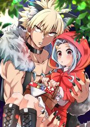 Rule 34 | 1boy, 1girl, :o, alternate costume, animal ear fluff, animal ears, bakugou katsuki, basket, black nails, blonde hair, boku no hero academia, boots, bright pupils, candy, cape, carrying, carrying person, choker, cloak, eri (boku no hero academia), fingernails, food, fur cape, highres, holding, holding basket, hood, hooded cloak, knee boots, kneehighs, long fingernails, long hair, long sleeves, muscular, muscular male, nail polish, parted lips, puffy long sleeves, puffy sleeves, red eyes, ribbon, shinonome mozuku, short hair, silver hair, socks, spiked hair, white pupils, wolf boy, wolf ears