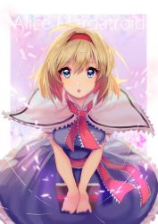 Rule 34 | 1girl, alice margatroid, bad id, bad twitter id, blonde hair, blue dress, blue eyes, blurry, blush, book, capelet, character name, dress, hairband, looking at viewer, necktie, open mouth, ribbon, sash, short hair, short sleeves, solo, touhou, ume ren