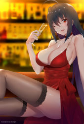 Rule 34 | 1girl, absurdres, ahoge, alcohol, artist name, ass, azur lane, bar (place), bare shoulders, black hair, black thighhighs, blush, breasts, champagne, champagne flute, choker, cleavage, collarbone, cup, dress, drinking glass, artistic error, hair between eyes, halter dress, halterneck, highres, large breasts, long hair, looking at viewer, official alternate costume, one eye closed, red choker, red dress, red eyes, sash, sitting, smile, solo, taihou (azur lane), taihou (forbidden feast) (azur lane), thighhighs, very long hair, vitotraps