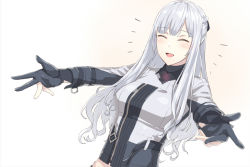 Rule 34 | 1girl, ^ ^, ak-12 (girls&#039; frontline), black gloves, blush, closed eyes, commentary request, emphasis lines, girls&#039; frontline, gloves, incoming hug, kageshio (276006), long hair, midriff peek, open arms, open mouth, partially fingerless gloves, sidelocks, silver hair, simple background, smile, solo, swept bangs, tactical clothes, white background