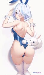 Rule 34 | 1girl, absurdres, alternate costume, animal ears, ass, backless leotard, blue eyes, blue hair, blue leotard, breasts, butt erf1y, commentary, english commentary, fake animal ears, fake tail, from behind, furina (genshin impact), genshin impact, hair between eyes, heterochromia, highleg, highleg leotard, highres, leotard, light blue hair, looking at viewer, looking back, parted bangs, playboy bunny, rabbit, rabbit ears, rabbit tail, short hair, shoulder blades, sideboob, small breasts, solo, strapless, strapless leotard, tail, thighhighs, twitter username, white background, white hair, white thighhighs, white wrist cuffs, wrist cuffs