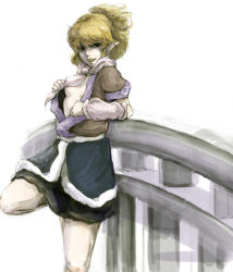 Rule 34 | 1girl, arm warmers, blonde hair, female focus, green eyes, mizuhashi parsee, no bra, open clothes, open mouth, pale skin, pointy ears, ponytail, scarf, skirt, solo, standing, standing on one leg, touhou, undressing, white background, yuzutaro