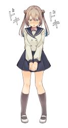 Rule 34 | 1girl, blue sailor collar, blue skirt, blush, brown hair, full body, green eyes, grey socks, jacket, long sleeves, looking down, original, oshioshio, parted lips, pigeon-toed, pleated skirt, sailor collar, shoes, simple background, skirt, socks, solo, standing, tears, twintails, v arms, white background, white footwear
