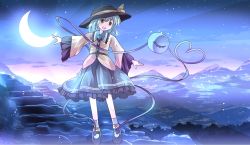 Rule 34 | 1girl, :d, crescent moon, green eyes, green hair, hat, highres, komeiji koishi, mary janes, matching hair/eyes, moon, mountain, open mouth, risutaru, shoes, short hair, sky, smile, solo, standing, star (sky), starry sky, third eye, touhou