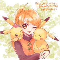 1girl :3 ;d ahoge animal_ears black_shirt blonde_hair commentary_request creatures_(company) flower game_freak gen_1_pokemon hair_flower hair_ornament happy hibikileon holding holding_pokemon long_hair long_sleeves nintendo on_shoulder one_eye_closed open_mouth pikachu pink_flower pokemon pokemon_(creature) pokemon_adventures pokemon_on_shoulder ponytail shirt smile translation_request tunic upper_body yellow_(pokemon) yellow_eyes yellow_tunic