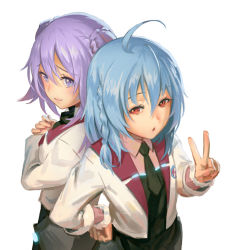 Rule 34 | 10s, 2girls, :o, ahoge, back-to-back, black necktie, blue hair, blush, braid, closed mouth, eyebrows, eyelashes, flat chest, from above, gakusen toshi asterisk, hair between eyes, hair ornament, hand on own hip, jacket, light purple hair, long hair, long sleeves, looking at viewer, multiple girls, necktie, pinakes, purple eyes, purple hair, red eyes, sasamiya saya, school uniform, short necktie, simple background, smile, toudou kirin, two side up, upper body, v, white background, wristband