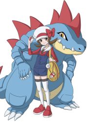 Rule 34 | 1girl, bag, brown eyes, brown hair, claws, creature, creatures (company), feraligatr, flat chest, full body, game freak, gen 2 pokemon, hat, hat ribbon, holding, holding poke ball, kosumo (kosuhoshi), lyra (pokemon), nintendo, overalls, poke ball, poke ball (basic), pokegear, pokemon, pokemon (creature), pokemon hgss, ribbon, shoes, simple background, smile, standing, thighhighs, twintails, white background, white headwear, white thighhighs