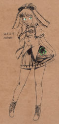Rule 34 | 1girl, absurdres, arm ribbon, artist name, bow, brown background, cross-laced footwear, dated, frilled skirt, frills, front ponytail, full body, green eyes, hair bow, hair ribbon, hand on own face, highres, kagiyama hina, looking at viewer, monochrome, mushroom (osh320), puffy short sleeves, puffy sleeves, ribbon, short sleeves, simple background, skirt, skirt hold, smile, solo, spot color, touhou