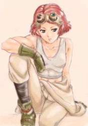 Rule 34 | 10s, 1girl, abs, bare shoulders, biceps, breasts, female focus, gloves, goggles, goggles on head, green eyes, green gloves, highres, kadowaki satoshi, koutetsujou no kabaneri, midriff, muscular, muscular female, official art, pink hair, short hair, small breasts, solo, steampunk, tank top, yukina (kabaneri)