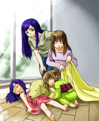 Rule 34 | 00s, 4girls, barefoot, blanket, blonde hair, blue hair, child, closed eyes, covering privates, covering with blanket, dog, family, fujino shizuru, glass door, green eyes, if they mated, japanese clothes, kimono, kuga natsuki, mother and daughter, multiple girls, mura (kiyohime), my-hime, sleeping