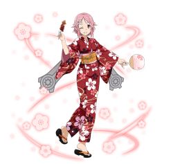 Rule 34 | 1girl, ;d, feet, flower, food, full body, grey wings, grin, hair flower, hair ornament, hand fan, holding, holding fan, holding food, japanese clothes, kimono, leg up, lisbeth (sao), lisbeth (sao-alo), looking at viewer, obi, one eye closed, open mouth, pink flower, pink hair, pointy ears, red eyes, red kimono, sash, short hair, smile, solo, standing, sword art online, toes, transparent background, wings, yukata