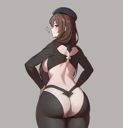 Rule 34 | 1girl, ass, ass focus, backboob, blue eyes, blush, bodysuit, breasts, brown hair, butt crack, from behind, granblue fantasy, hat, highres, huge ass, long hair, looking at viewer, looking back, medium breasts, raziel (granblue fantasy), sideboob, sinnitoksi, smile, solo, very long hair