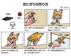 Rule 34 | 1girl, animal ears, blank eyes, blonde hair, closed eyes, closed mouth, comic, covering face, crying, depressed, failure, fetal position, food, fox ears, fox girl, fox tail, green ribbon, highres, how to make sushi (meme), kasuya baian, kudamaki tsukasa, left-to-right manga, lying, meme, neck ribbon, nori (seaweed), on floor, on side, onigiri, open mouth, parody, plum, puffy short sleeves, puffy sleeves, ribbon, shirt, short hair, short sleeves, streaming tears, table, tail, tareme, tears, touhou, translated, under table, white shirt