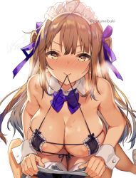 Rule 34 | 1boy, 1girl, ahoge, bare arms, bare shoulders, bikini, bikini in mouth, bikini top only, blue bow, blue ribbon, blush, bow, bowtie, breasts, brown eyes, cleavage, closed mouth, clothes in mouth, cuffs, detached collar, eyepatch bikini, frilled bikini, frilled bikini top, frills, hair ribbon, halterneck, harunoibuki, heart, heart in eye, heavy breathing, large breasts, light brown hair, lips, long hair, looking at viewer, maid headdress, mouth hold, nose blush, original, penis, pov, ribbon, sidelocks, signature, simple background, skindentation, smile, solo focus, sweat, swimsuit, symbol in eye, thighhighs, twintails, twitter username, two side up, v-shaped eyebrows, white background, wrist cuffs