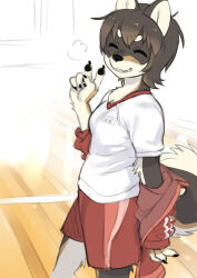 Rule 34 | 1girl, ^ ^, animal ears, animal hands, body fur, brown hair, claws, clenched teeth, closed eyes, dog ears, dog girl, dog tail, furry, furry female, gym shirt, gym uniform, highres, jacket, kikurage (crayon arts), original, red jacket, red shorts, shirt, short hair, shorts, smile, snout, solo, tail, teeth, thick eyebrows, track jacket, v, white shirt