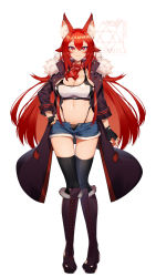 Rule 34 | 1girl, animal ear fluff, animal ears, boots, breasts, character request, cleavage, cluseller, copyright request, cross-laced footwear, fox ears, fox girl, highres, jacket, knee boots, lace-up boots, large breasts, long hair, looking at viewer, midriff, navel, neckerchief, red eyes, red hair, short shorts, shorts, smile, solo, tank top, thighhighs, virtual youtuber