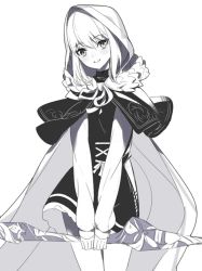 Rule 34 | 1girl, blush, cape, capelet, commentary request, dress, fate (series), fur trim, gray (fate), hair between eyes, head tilt, holding, holding weapon, hood, hood up, long hair, long sleeves, looking at viewer, lord el-melloi ii case files, parted lips, rhongomyniad (fate), ririko (zhuoyandesailaer), simple background, sleeves past wrists, smile, solo, weapon, white background