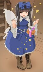 Rule 34 | 1girl, black hair, blue bow, blue dress, blue ribbon, blunt bangs, boots, bow, breasts, brown eyes, commentary request, condom, dot nose, dress, fairy wings, frilled shirt collar, frills, full body, hair bow, halloween bucket, hamaburicchi, hands up, highres, indoors, leaning forward, light blush, long hair, looking at viewer, neck ribbon, open mouth, petite, petticoat, pigeon-toed, ribbon, sex toy, sidelocks, sleeves past elbows, small breasts, smile, solo, standing, star (symbol), star print, star sapphire, touhou, very long hair, wide sleeves, wings