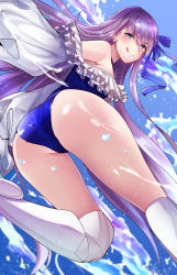 Rule 34 | 1girl, :q, ass, ass focus, bare shoulders, blue eyes, blue one-piece swimsuit, commentary request, fate/grand order, fate (series), hair ornament, hair ribbon, highres, long hair, long sleeves, looking at viewer, meltryllis (fate), meltryllis (swimsuit lancer) (second ascension) (fate), one-piece swimsuit, purple hair, ribbon, shumiao, smirk, solo, swimsuit, thighhighs, thighs, tongue, tongue out, very long hair, water, white thighhighs