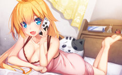 Rule 34 | 1girl, :d, ahoge, ass, bare arms, bare legs, bare shoulders, barefoot, bed, bed sheet, blonde hair, blue eyes, blush, breasts, chikuwabuta, cleavage, collarbone, commentary request, curtains, dress, eyelashes, fang, fingernails, hair between eyes, hand up, highres, indoors, large breasts, legs up, long fingernails, long hair, looking at viewer, lying, nail polish, on bed, on stomach, open mouth, original, pillow, pink dress, pink nails, shiny skin, sidelocks, slit pupils, smile, solo, strapless, strapless dress, tissue, tissue box