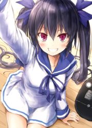Rule 34 | 1girl, black hair, black ribbon, blush, breasts, chunithm, collarbone, commentary request, dress, grin, hair between eyes, hair ribbon, highres, irodorimidori, large breasts, legs together, long hair, looking at viewer, purple eyes, reaching, reaching towards viewer, ribbon, sailor dress, selfie, sitting, smile, solo, suien, teeth, twintails, twintails day, very long hair, wooden floor