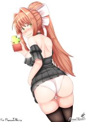 Rule 34 | 1girl, ass, aster-effect, bare shoulders, blush, bow, breasts, brown hair, cellphone, doki doki literature club, dress, embarrassed, from behind, green eyes, hair bow, highres, large breasts, long hair, looking at viewer, looking back, monika (doki doki literature club), nail polish, panties, phone, ponytail, shiny skin, sideboob, solo, tears, thighhighs, underwear, very long hair, wavy mouth, white background