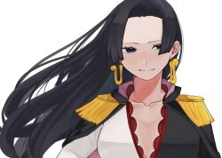 Rule 34 | 1girl, black cape, black dress, black hair, blue eyes, blush, boa hancock, cape, close-up, closed mouth, commentary request, dress, earrings, epaulettes, floating hair, highres, hime cut, jewelry, long hair, looking to the side, one piece, one piece: stampede, sa wint, simple background, snake earrings, solo, two-tone dress, upper body, white background, white dress