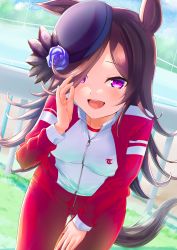 Rule 34 | 1girl, absurdres, alternate costume, animal ears, black hair, commentary, gym uniform, hair over one eye, hat, herohero (higashi no dou), highres, horse ears, horse girl, horse tail, jacket, jersey, long hair, looking at viewer, racetrack, rice shower (umamusume), sky, solo, tail, track jacket, track suit, umamusume
