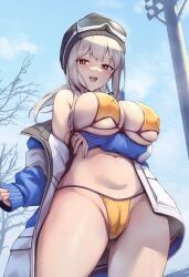 Rule 34 | 1girl, arm under breasts, bikini, blush, breast hold, breasts, cameltoe, character request, cleavage, cleft of venus, goggles, grey hair, highres, jacket, large breasts, legs, looking at viewer, nameco (nameco h), navel, open clothes, open jacket, open mouth, orange eyes, ski goggles, smile, solo, sweat, swimsuit, thick thighs, thighs, yellow bikini