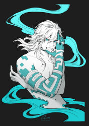 Rule 34 | 1boy, absurdres, aqua eyes, aqua theme, artist name, black background, body markings, claws, clenched teeth, collarbone, cropped torso, crossed arms, fang, fingernails, furrowed brow, hair between eyes, hand over face, highres, jewelry, link, long hair, looking at viewer, male focus, monochrome, multiple rings, navel, nintendo, onyrica, pointy ears, ring, sharp fingernails, sidelocks, signature, smoke trail, solo, spot color, teeth, the legend of zelda, the legend of zelda: tears of the kingdom, toned, toned male, topless male, upper body, wavy hair