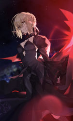 Rule 34 | 1girl, artoria pendragon (all), artoria pendragon (fate), black dress, blonde hair, braid, breasts, cleavage, detached sleeves, dress, fate/stay night, fate (series), hair ribbon, highres, hino hinako, pale skin, ribbon, saber alter, sleeves past wrists, solo, wet, yellow eyes