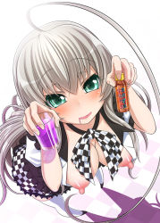 Rule 34 | 1girl, ahoge, blush, bow, breasts, checkered bow, checkered clothes, checkered floor, checkered skirt, cover, drooling, female focus, floor, from above, glass, green eyes, hai raito, haiyore! nyaruko-san, huge ahoge, large breasts, leaning forward, long hair, looking at viewer, nipples, nyarlathotep (nyaruko-san), open clothes, open shirt, school uniform, shirt, silver hair, skirt, smile, solo