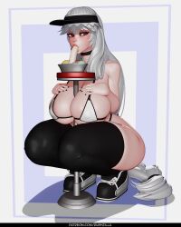 Rule 34 | 1girl, 3d, alternate costume, animated, areola slip, arknights, ass, banana, bikini, black footwear, black thighhighs, blush, boots, breasts, cleavage, commentary, covered erect nipples, food, fruit, full body, g-string, grey hair, highres, huge ass, large breasts, long hair, looking at viewer, micro bikini, parted lips, red eyes, rushzilla, simple background, solo, specter (arknights), squatting, string bikini, swimsuit, tagme, thigh boots, thighhighs, thong, very long hair, video, white background