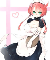 Rule 34 | 1girl, ahoge, alternate costume, alternate eye color, apron, blush, breasts, chita (ketchup), cleavage, clover, clover hair ornament, dress, elbow gloves, elphelt valentine, enmaided, four-leaf clover, frills, gloves, green eyes, guilty gear, guilty gear xrd, hair ornament, heart, highres, holding, holding tray, large breasts, maid, maid apron, maid headdress, pink hair, puffy short sleeves, puffy sleeves, short hair, short sleeves, smile, solo, standing, tray, twitter username, white gloves