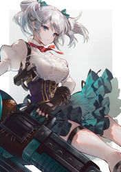 Rule 34 | 1girl, absurdres, black gloves, blue eyes, border, breasts, center frills, ciel alencon, closed mouth, corset, elbow gloves, feet out of frame, fingerless gloves, frilled shirt, frilled skirt, frills, gloves, god eater, god eater 2: rage burst, green ribbon, green skirt, grey background, gun, hair ribbon, handgun, highres, holding, holding weapon, huge weapon, juliet sleeves, large breasts, long sleeves, looking down, neck ribbon, outside border, pistol, puffy sleeves, red ribbon, ribbon, shirt, short hair, short twintails, simple background, skirt, solo, tarutaru yamaoka, thigh strap, twintails, weapon, white border