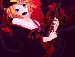 Rule 34 | 1girl, bad id, bad pixiv id, bare shoulders, blonde hair, blue eyes, breasts, cleavage, electric guitar, female focus, guitar, hair ornament, hairclip, instrument, japanese clothes, kagamine rin, open mouth, short hair, solo, tengaku (vocaloid), uryu, vocaloid