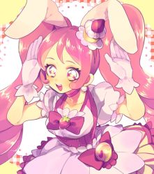 Rule 34 | 10s, 1girl, :d, animal ears, bad id, bad pixiv id, bow, cake hair ornament, choker, cowboy shot, cure whip, dress, earrings, food-themed hair ornament, gloves, hair ornament, highres, jewelry, kirakira precure a la mode, long hair, looking at viewer, magical girl, mayana (bbpp), open mouth, pink bow, pink eyes, pink hair, pink neckwear, pom pom (clothes), pom pom earrings, precure, puffy sleeves, rabbit ears, rabbit pose, smile, solo, twintails, usami ichika, white dress, white gloves