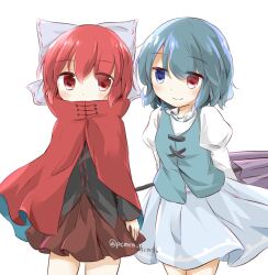 Rule 34 | 2girls, black shirt, blue eyes, blue hair, blue skirt, blue vest, bow, cloak, closed mouth, commentary request, cowboy shot, cross-laced clothes, hair bow, heterochromia, juliet sleeves, long sleeves, looking at another, multiple girls, puchimirin, puffy sleeves, purple umbrella, red hair, red skirt, sekibanki, shirt, short hair, simple background, skirt, tatara kogasa, touhou, twitter username, umbrella, vest, white background, white shirt