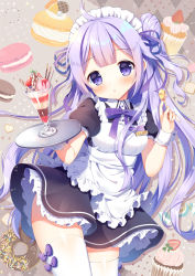 Rule 34 | 1girl, :o, ahoge, alternate costume, apron, azur lane, black dress, blush, bow, breasts, center frills, collared dress, commentary request, doughnut, dress, enmaided, food, frills, hair bun, hair ribbon, head tilt, holding, holding spoon, holding tray, ice cream, long hair, macaron, maid, maid apron, maid headdress, mauve, one side up, parfait, parted lips, puffy short sleeves, puffy sleeves, purple bow, purple eyes, purple hair, purple ribbon, ribbon, short sleeves, side bun, single hair bun, single side bun, small breasts, solo, spoon, thighhighs, tray, unicorn (azur lane), very long hair, white apron, white thighhighs, wrist cuffs