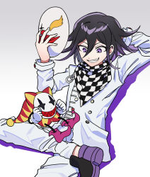 Rule 34 | 1boy, black hair, buttons, checkered clothes, checkered scarf, commentary request, crossover, danganronpa (series), danganronpa v3: killing harmony, double-breasted, gradient background, grey background, grey jacket, grey pants, grin, hair between eyes, haji (hajimaji), hand up, highres, holding, holding mask, jacket, joka (klonoa), kaze no klonoa, long sleeves, looking at another, looking down, male focus, mask, unworn mask, medium hair, multicolored hair, oma kokichi, pants, pink eyes, pink footwear, purple hair, scarf, sharp teeth, shoes, smile, teeth, two-tone hair