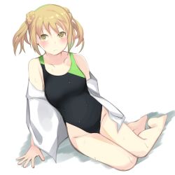 Rule 34 | 1girl, barefoot, black one-piece swimsuit, collarbone, commentary request, competition swimsuit, double bun, dress shirt, enoki p, flat chest, hair bun, highres, kantai collection, light brown hair, looking at viewer, michishio (kancolle), one-piece swimsuit, open clothes, open shirt, shirt, short hair, short twintails, simple background, sitting, solo, swimsuit, twintails, wet, wet clothes, wet swimsuit, white background, white shirt, yellow eyes, yokozuwari