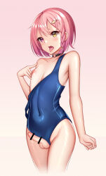 Rule 34 | 1boy, absurdres, blue suit, censored, fish hair ornament, formal, hair ornament, hand on own chest, hand up, head tilt, heterochromia, highres, male focus, medium hair, miharu (971794372), navel, nipples, open mouth, original, penis, pink background, pink eyes, pink hair, school uniform, simple background, standing, suit, swimsuit, tongue, tongue out, trap, yellow eyes